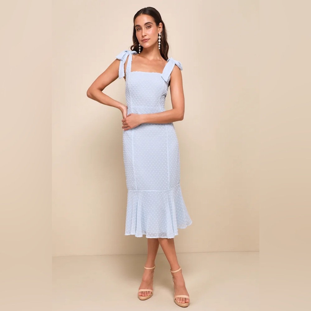 Lulu's Bimini Light Blue Swiss Dot Midi Dress with Bow Straps